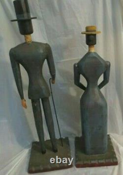 VINTAGE FOLK ART WOOD CARVED & PAINTED MAN & WOMAN FIGURES (2) Extra Tall (33)