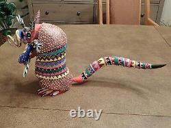 VINTAGE OAXACAN ALEBRIJE ARMADILLO with LIZARD WOOD CARVING MEXICAN FOLK ART