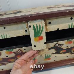 VINTAGE PRIMITIVE FOLK ART CATS LARGE CARVED WOOD BOX Hand Painted 19×9×10