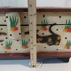 VINTAGE PRIMITIVE FOLK ART CATS LARGE CARVED WOOD BOX Hand Painted 19×9×10