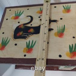 VINTAGE PRIMITIVE FOLK ART CATS LARGE CARVED WOOD BOX Hand Painted 19×9×10