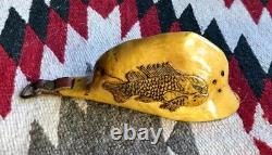 VINTAGE QUEBEC FOLK ART, CARVED BURL CANOE CUP, DECORATED With MOOSE & BURBOT