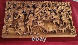 VIntage Asian Beautiful Hand Carved Wood Teak Folk Art Wall Panel Magnificent