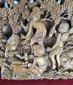 VIntage Asian Beautiful Hand Carved Wood Teak Folk Art Wall Panel Magnificent
