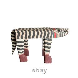 VTG Carved Folk Art Leopard Cat Hand Painted Bench Wood Table Plant Stand