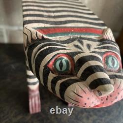 VTG Carved Folk Art Leopard Cat Hand Painted Bench Wood Table Plant Stand