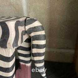 VTG Carved Folk Art Leopard Cat Hand Painted Bench Wood Table Plant Stand
