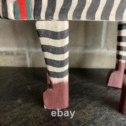 VTG Carved Folk Art Leopard Cat Hand Painted Bench Wood Table Plant Stand