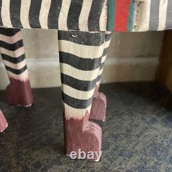 VTG Carved Folk Art Leopard Cat Hand Painted Bench Wood Table Plant Stand
