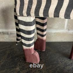 VTG Carved Folk Art Leopard Cat Hand Painted Bench Wood Table Plant Stand