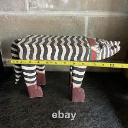 VTG Carved Folk Art Leopard Cat Hand Painted Bench Wood Table Plant Stand