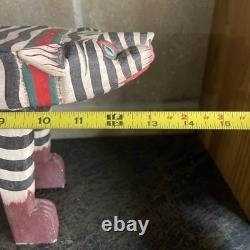 VTG Carved Folk Art Leopard Cat Hand Painted Bench Wood Table Plant Stand