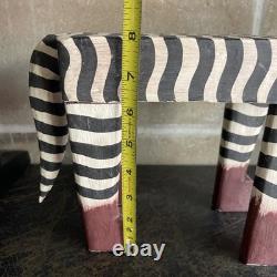 VTG Carved Folk Art Leopard Cat Hand Painted Bench Wood Table Plant Stand
