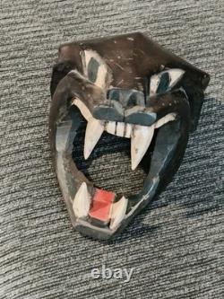 VTG Hand Carved Black Panther Wood Jaguar Cat Head Folk Art Mayan Sculpture