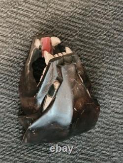 VTG Hand Carved Black Panther Wood Jaguar Cat Head Folk Art Mayan Sculpture