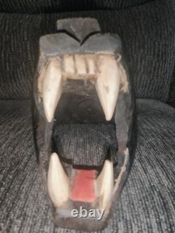 VTG Hand Carved Black Panther Wood Jaguar Cat Head Folk Art Mayan Sculpture