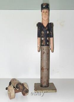 VTG Hand Carved Folk Art Patirotic Man WithStars Metal Crown Moving Arms & Canon
