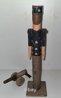 VTG Hand Carved Folk Art Patirotic Man WithStars Metal Crown Moving Arms & Canon