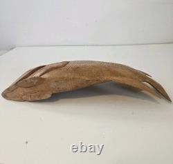 VTG Hand Carved Wood Fish Sculpture Folk Art Fine Detail Large Single Piece 17x8