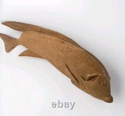 VTG Hand Carved Wood Fish Sculpture Folk Art Fine Detail Large Single Piece 17x8