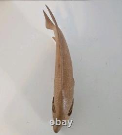 VTG Hand Carved Wood Fish Sculpture Folk Art Fine Detail Large Single Piece 17x8