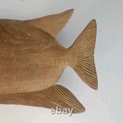 VTG Hand Carved Wood Fish Sculpture Folk Art Fine Detail Large Single Piece 17x8