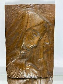 VTG. Hand Carved Wood Folk Art Primitive Wall Sculpture Mother Mary