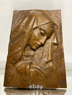 VTG. Hand Carved Wood Folk Art Primitive Wall Sculpture Mother Mary