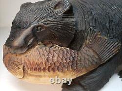 VTG Hokkaido Ainu Folk Art Wood Carved Bear With Salmon Sculpture 8Lx5Hx4W