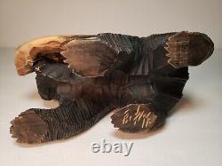 VTG Hokkaido Ainu Folk Art Wood Carved Bear With Salmon Sculpture 8Lx5Hx4W