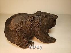 VTG Hokkaido Ainu Folk Art Wood Carved Bear With Salmon Sculpture 8Lx5Hx4W