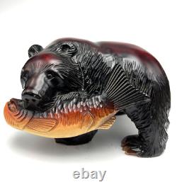VTG Japanese Native Ainu Folk Art Sculpture Bear & Salmon Signed Carved Wood