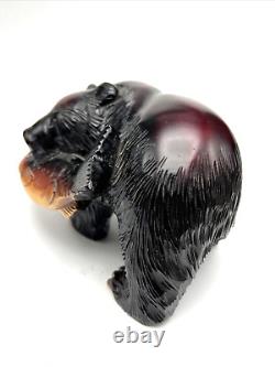 VTG Japanese Native Ainu Folk Art Sculpture Bear & Salmon Signed Carved Wood