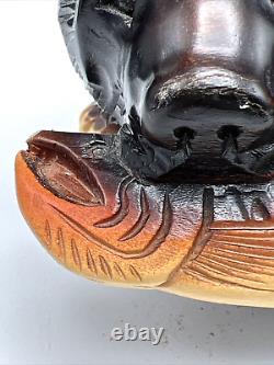 VTG Japanese Native Ainu Folk Art Sculpture Bear & Salmon Signed Carved Wood