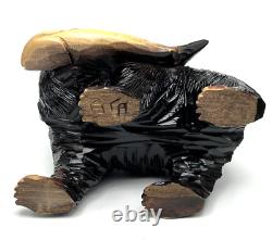 VTG Japanese Native Ainu Folk Art Sculpture Bear & Salmon Signed Carved Wood