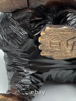 VTG Japanese Native Ainu Folk Art Sculpture Bear & Salmon Signed Carved Wood