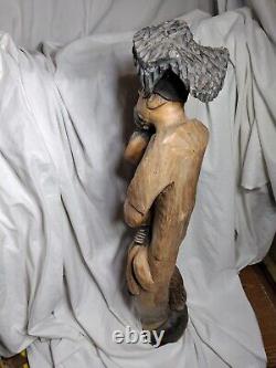 VTG. LG. Haitian Hand Carved Wood Figure Statue Folk Art 27 inch