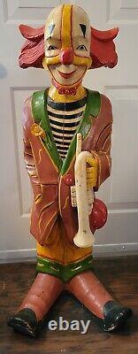 VTG Life Size Hand Carved Wooden Clown Statue Collectible. Halloween. Folk Art