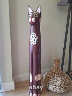 VTG MCM Hand Carved Painted Wood Folk Art Totem Cat Leopard Statue 40 Tall