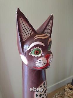 VTG MCM Hand Carved Painted Wood Folk Art Totem Cat Leopard Statue 40 Tall