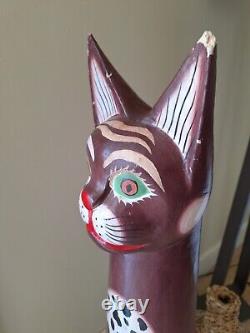 VTG MCM Hand Carved Painted Wood Folk Art Totem Cat Leopard Statue 40 Tall