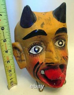 VTG MEXICO CARVED WOOD MASK DEVIL Horns Tongue Diablo Folk Art
