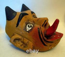 VTG MEXICO CARVED WOOD MASK DEVIL Horns Tongue Diablo Folk Art