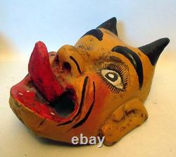 VTG MEXICO CARVED WOOD MASK DEVIL Horns Tongue Diablo Folk Art