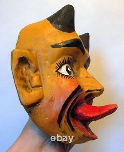 VTG MEXICO CARVED WOOD MASK DEVIL Horns Tongue Diablo Folk Art