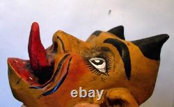VTG MEXICO CARVED WOOD MASK DEVIL Horns Tongue Diablo Folk Art