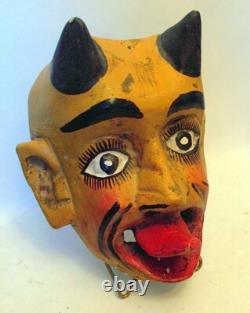 VTG MEXICO CARVED WOOD MASK DEVIL Horns Tongue Diablo Folk Art