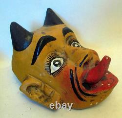 VTG MEXICO CARVED WOOD MASK DEVIL Horns Tongue Diablo Folk Art