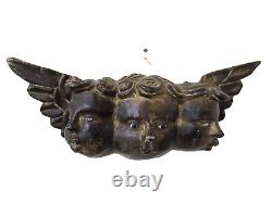 VTG MEXICO GUERRERO CARVED WOOD ANGEL TRIPLE HEAD With GLASS EYES MEXICAN FOLK ART