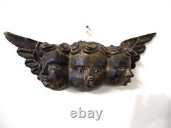 VTG MEXICO GUERRERO CARVED WOOD ANGEL TRIPLE HEAD With GLASS EYES MEXICAN FOLK ART